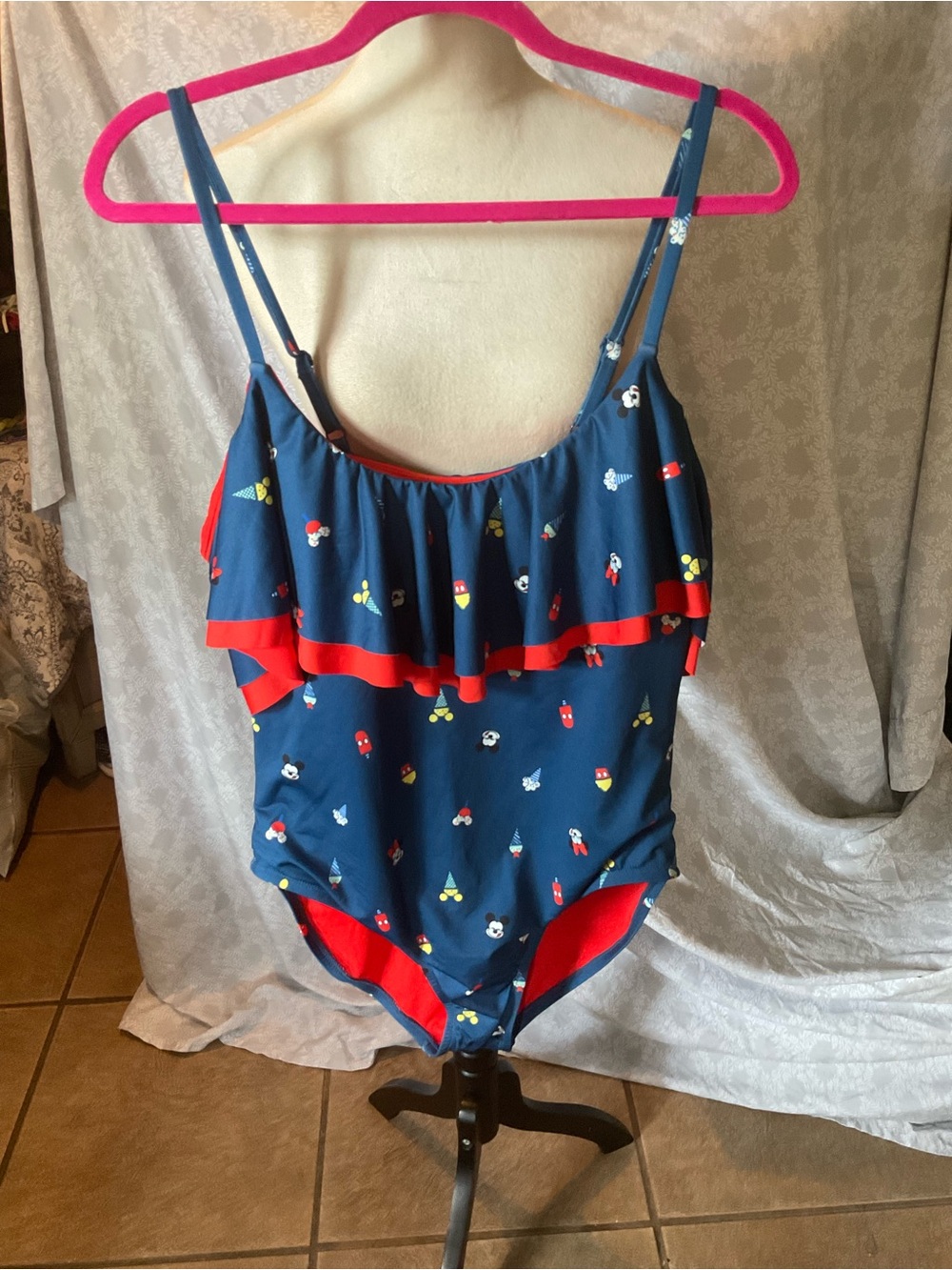 Disney Navy Blue One-Piece Swim Suit with Red Trim